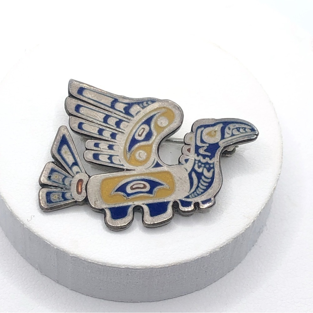 Vtg Sterling Silver & Enamel Pacific Northwest Thunderbird Brooch Pin 1.2” x .9”
